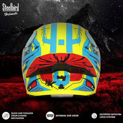 Steelbird SBA-20 Strange ISI Certified Flip-Up Graphic Helmet for Men and Women (Glossy Fluo Neon Cyan Green  with Smoke Visor)
