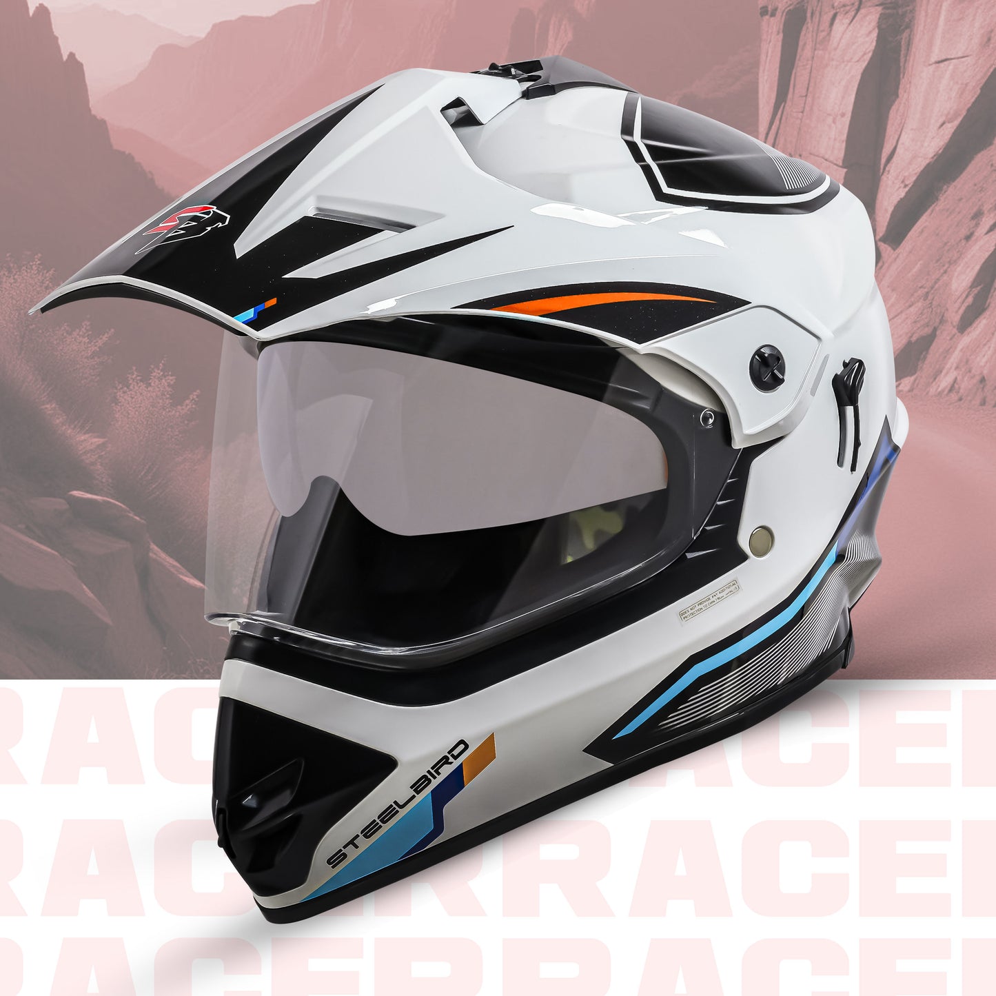 Steelbird Racer Off Road ISI Certified Motocross Double Visor Full Face Graphic Helmet Outer Clear Visor and Inner Silver Sun Shield (Glossy White Orange)