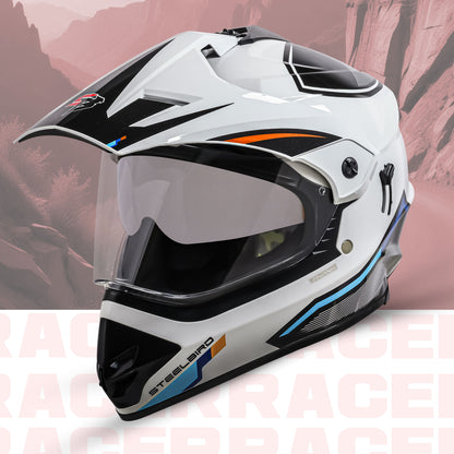 Steelbird Racer Off Road ISI Certified Motocross Double Visor Full Face Graphic Helmet Outer Clear Visor and Inner Silver Sun Shield (Glossy White Orange)