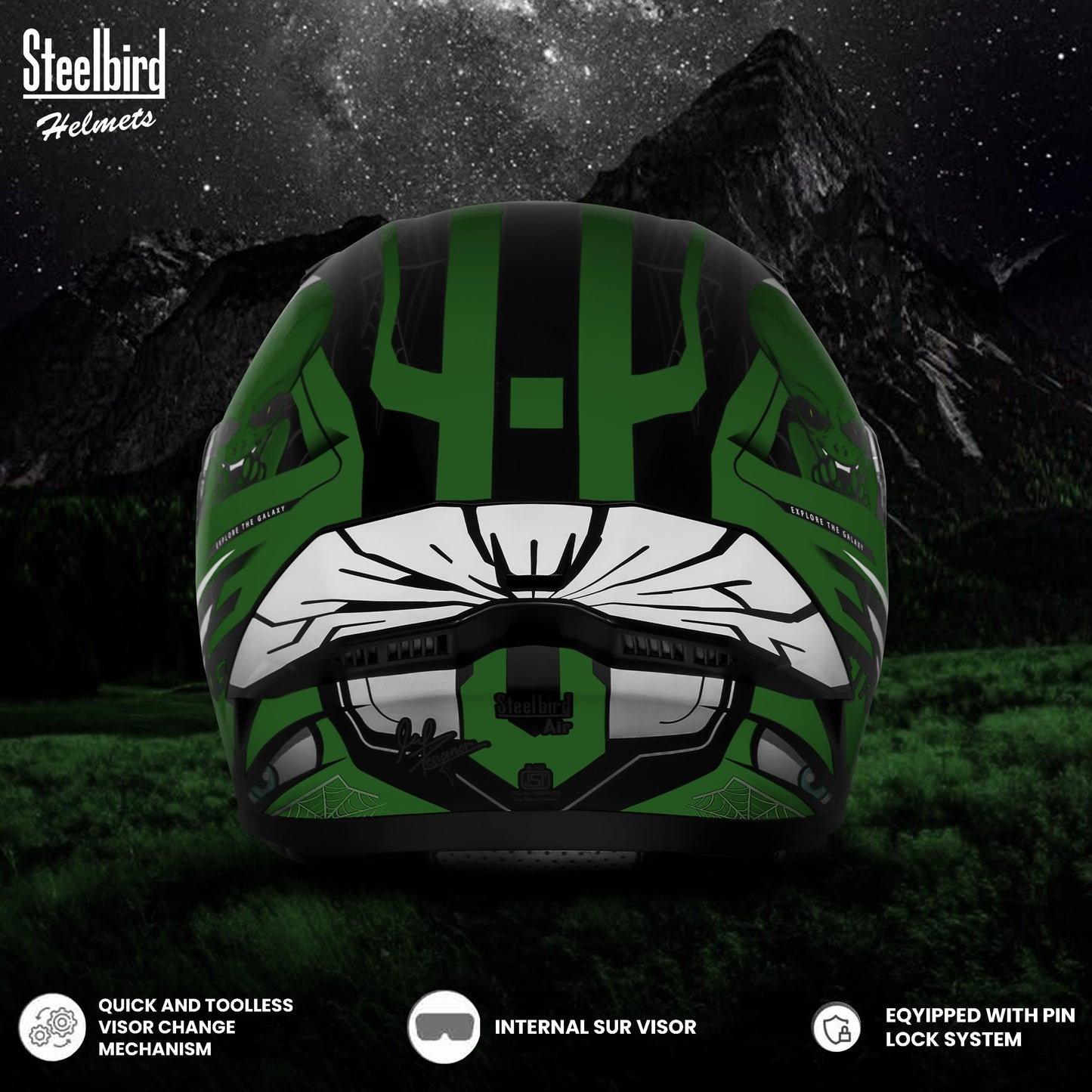 Steelbird SBA-20 Strange ISI Certified Flip-Up Graphic Helmet for Men and Women (Glossy Black Battle Green with Smoke Visor)