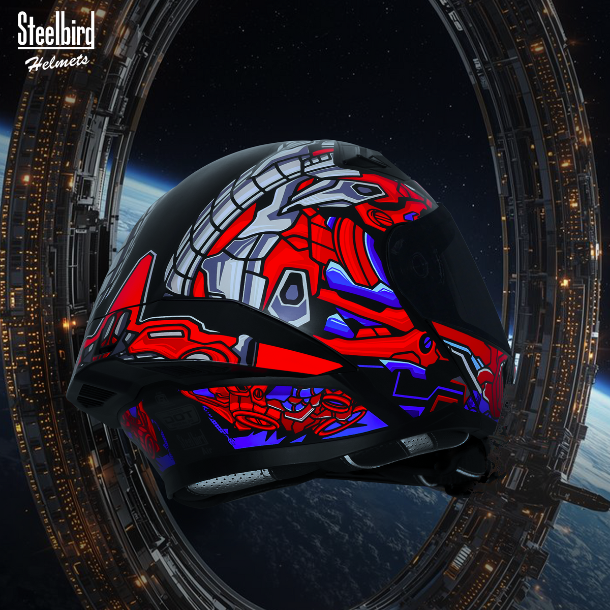Steelbird SBA-20 ROBO ISI Certified Flip-Up Graphic Helmet for Men with Inner Sun Shield (Glossy Black Red with Smoke Visor)