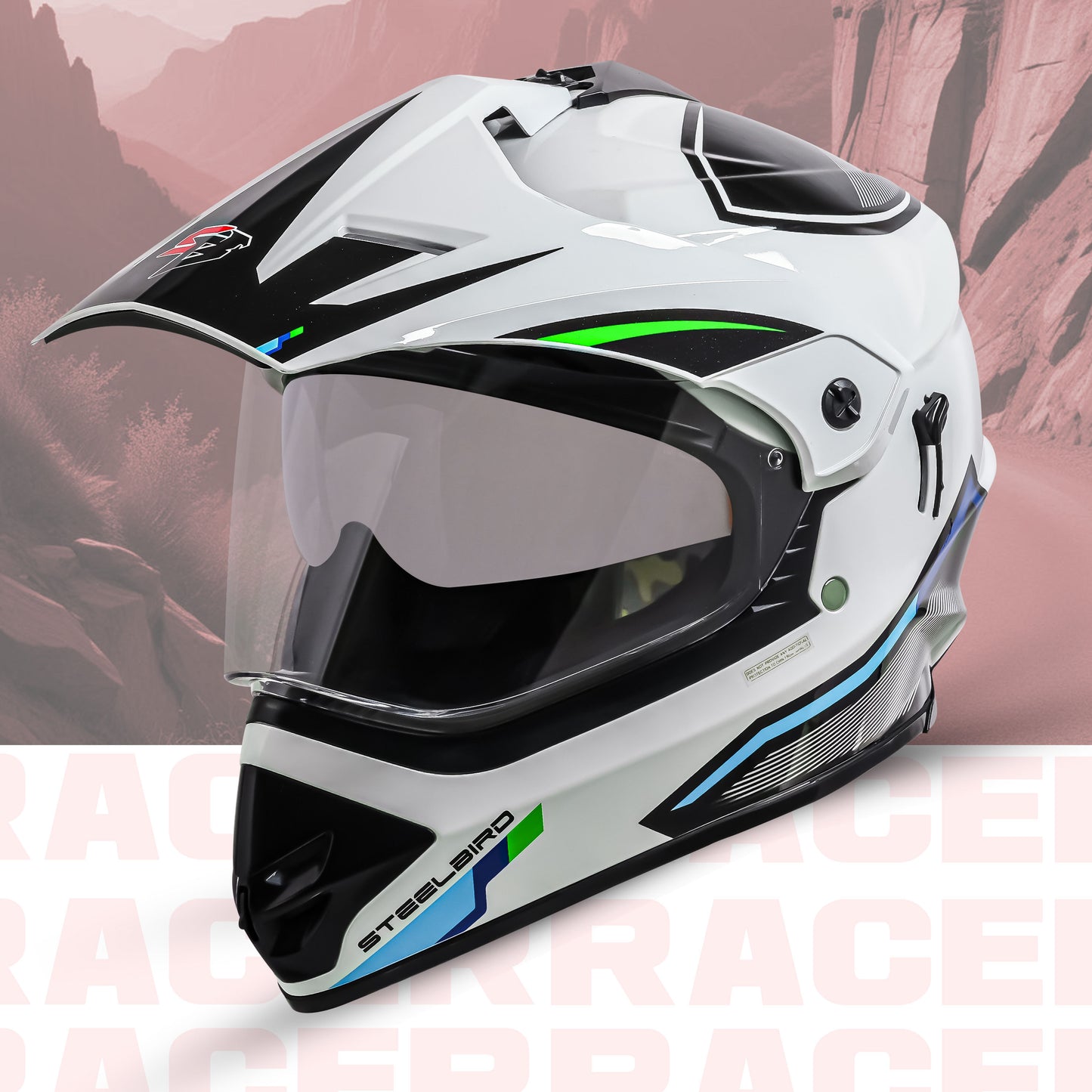 Steelbird Racer Off Road ISI Certified Motocross Double Visor Full Face Graphic Helmet Outer Clear Visor and Inner Silver Sun Shield (Glossy White Green)