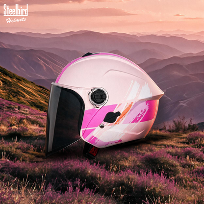 Steelbird SBH-80 Fairy FR8 ISI Certified Open Face Graphic Helmet for Women (Glossy Coral Peach Pink with Smoke Visor)