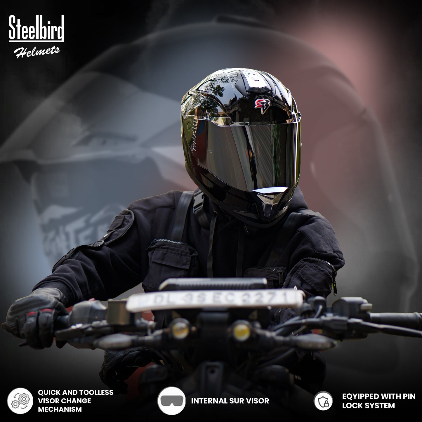 Steelbird SBH-57 Fighter F9 ISI and DOT Certified Full Face Helmet for Men and Women with Inner Silver Sun Shield and Silver Spoiler (Glossy Black)