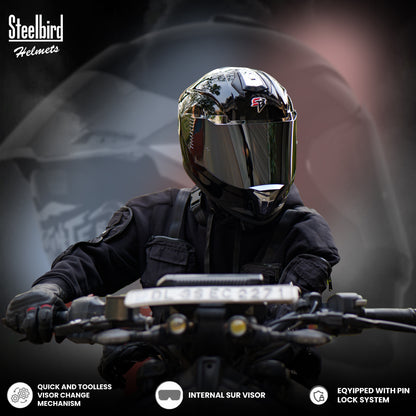 Steelbird SBH-57 Fighter F9 ISI and DOT Certified Full Face Helmet for Men and Women with Inner Silver Sun Shield and Silver Spoiler (Glossy Black)