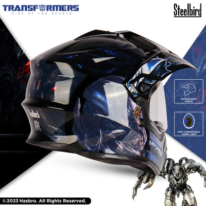 Steelbird SBH-13 Transformers Megatron ISI Certified Off Road Full Face Graphic Helmet for Men and Women ( Glossy Black Grey with Inner Sun Shield)