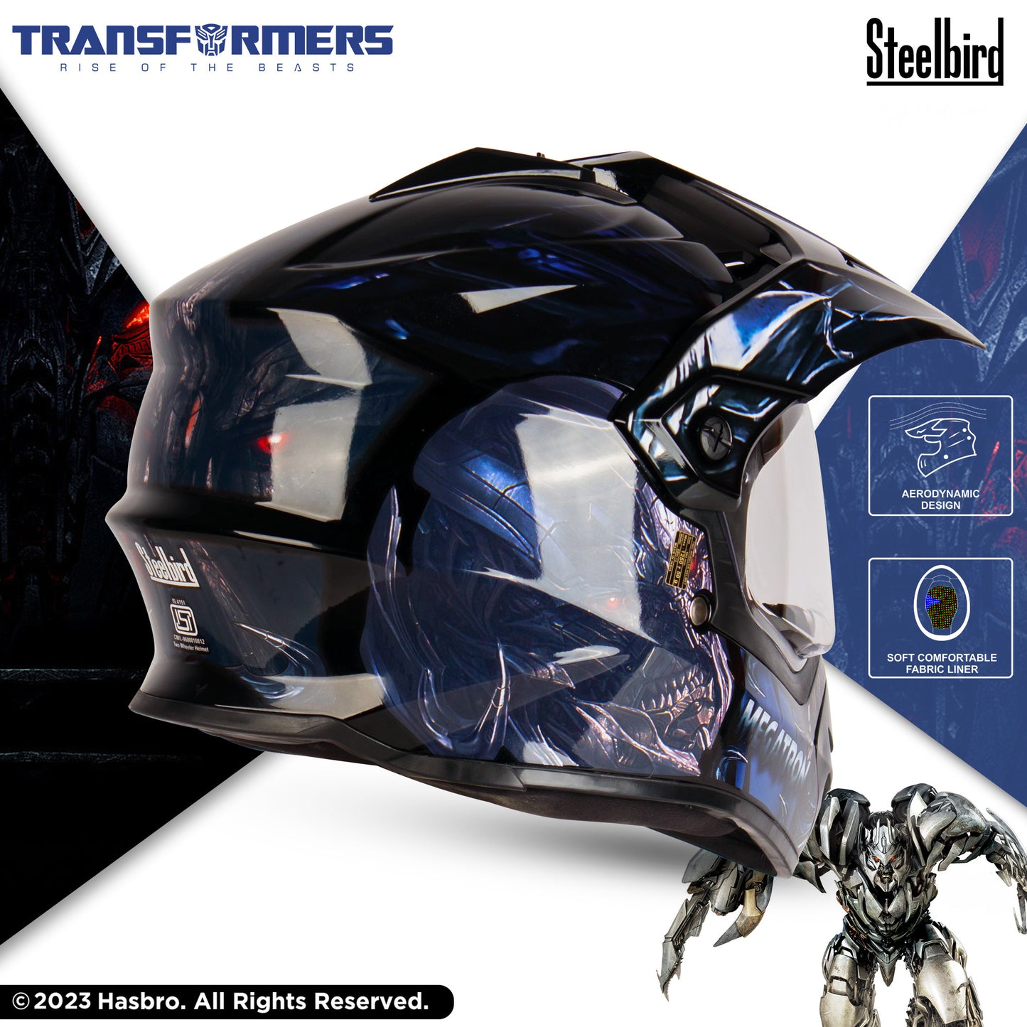 Steelbird SBH-13 Transformers Megatron ISI Certified Off Road Full Face Graphic Helmet for Men and Women ( Glossy Black Grey with Inner Sun Shield)