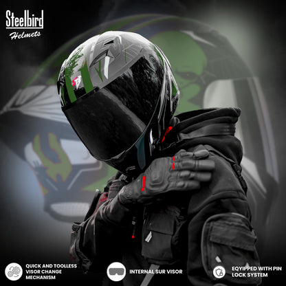 Steelbird SBA-20 Strange ISI Certified Flip-Up Graphic Helmet for Men and Women (Glossy Black Battle Green)
