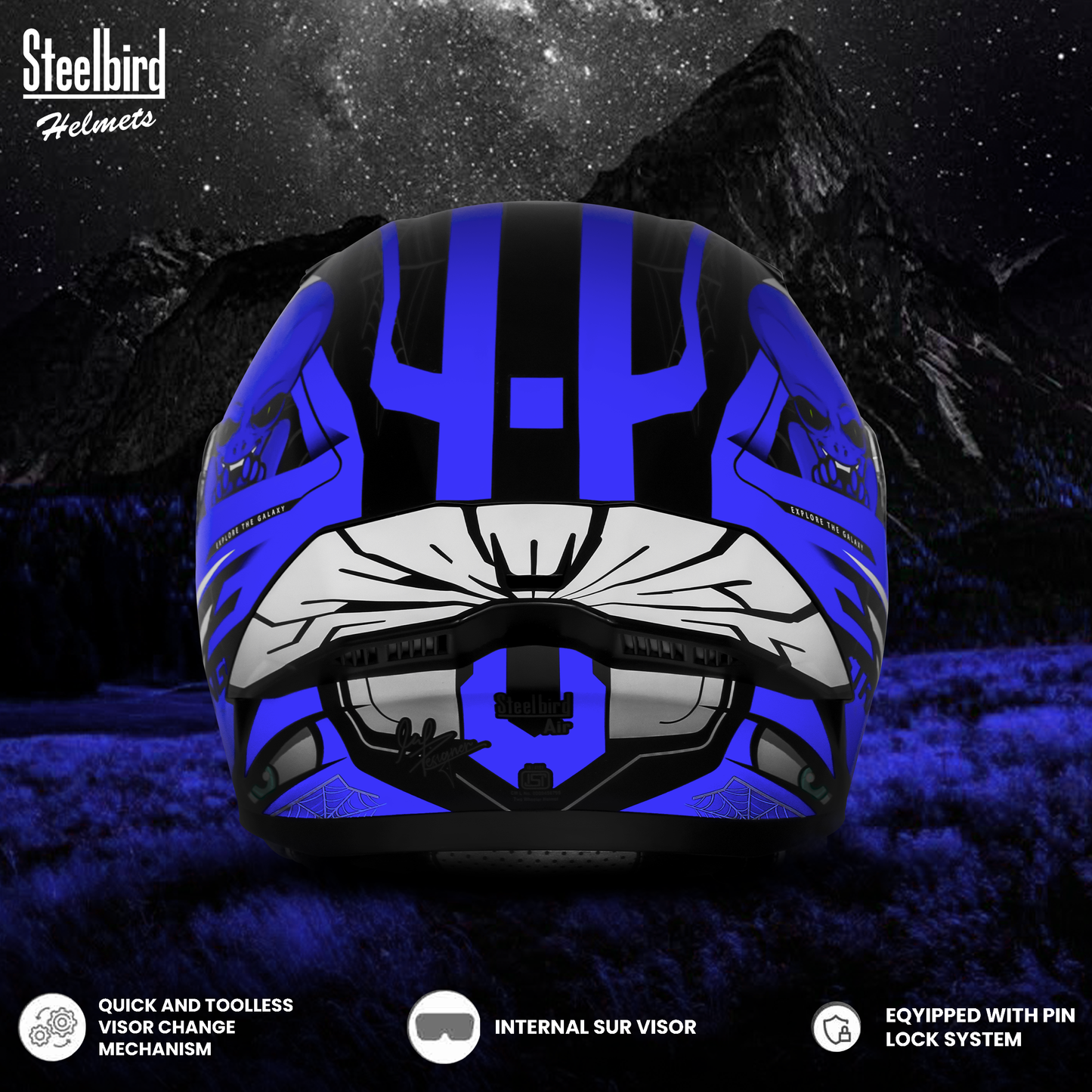 Steelbird SBA-20 Strange ISI Certified Flip-Up Graphic Helmet for Men and Women with Inner Silver Sun Shield (Glossy Black Blue with Smoke Visor)