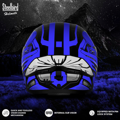 Steelbird SBA-20 Strange ISI Certified Flip-Up Graphic Helmet for Men and Women with Inner Silver Sun Shield (Glossy Black Blue with Smoke Visor)