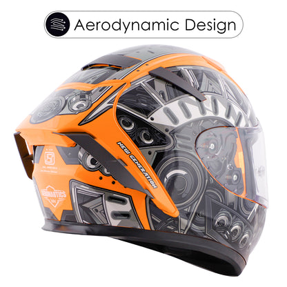 Steelbird SA-2 Terminator 2.0 ISI Certified Full Face Graphic Helmet (Glossy Fluo Orange Grey with Clear Visor)