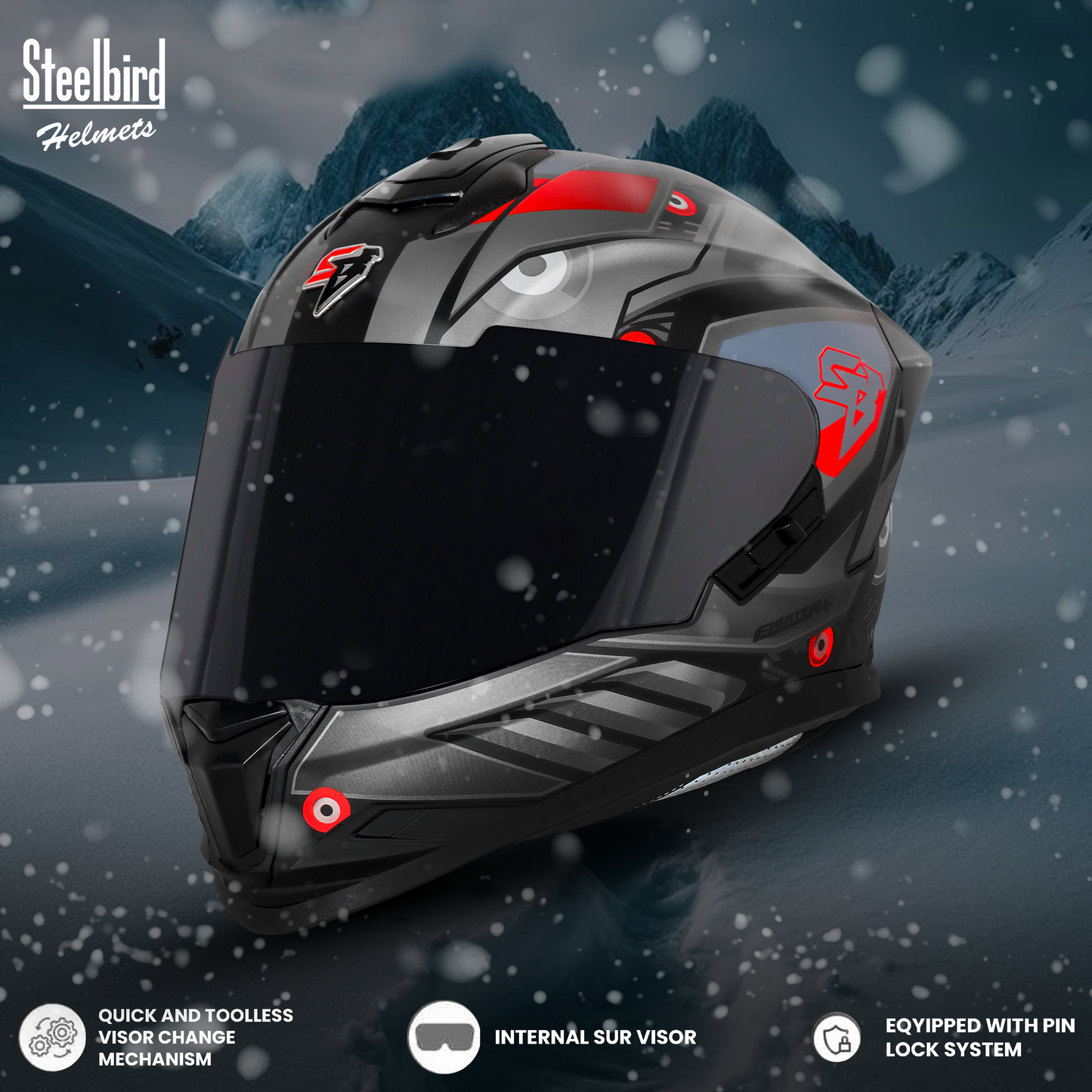 Steelbird SBH-57 Fighter F8 ISI and DOT Certified Full Face Graphic Helmet for Men and Women with Inner Silver Sun Shield (Glossy Black Grey)