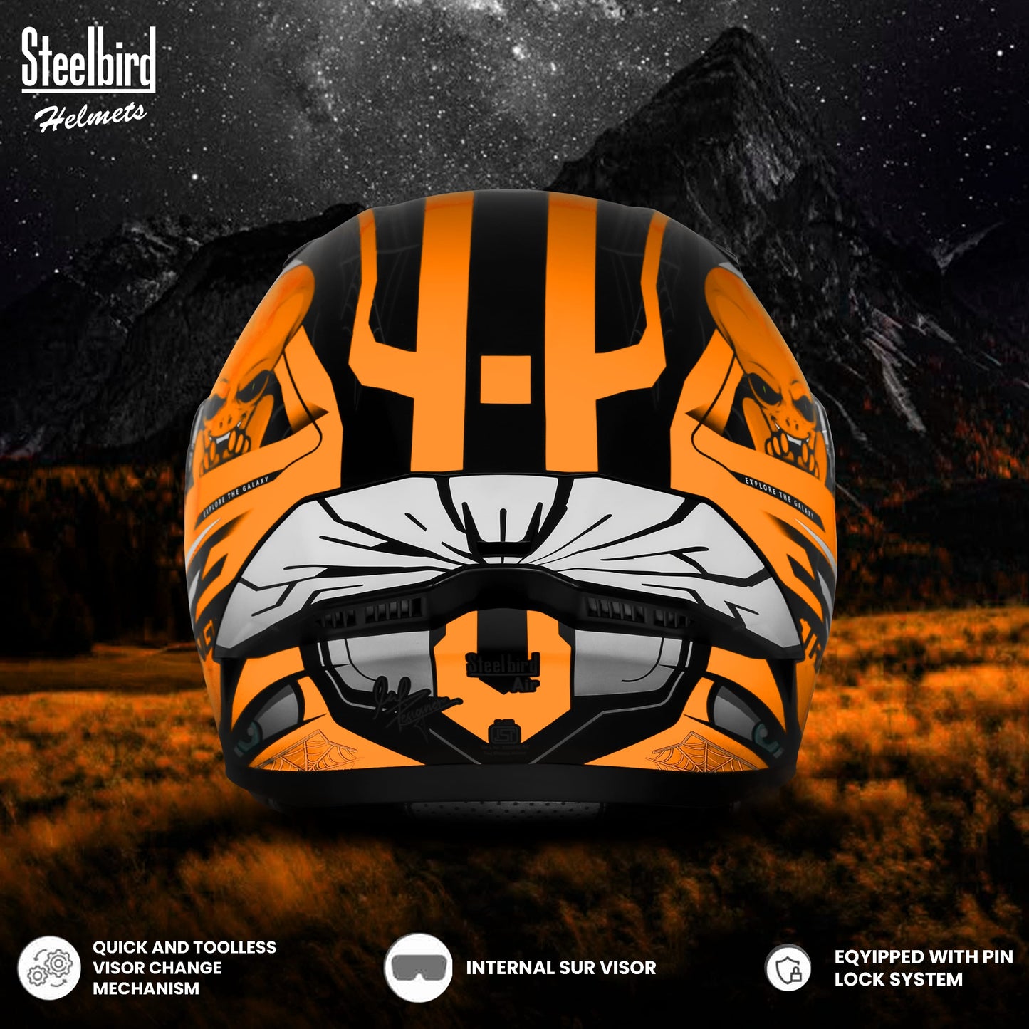 Steelbird SBA-20 Strange ISI Certified Flip-Up Graphic Helmet for Men and Women (Glossy Black Orange with Smoke Visor)
