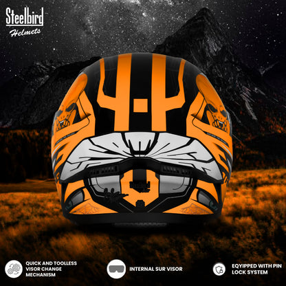 Steelbird SBA-20 Strange ISI Certified Flip-Up Graphic Helmet for Men and Women (Glossy Black Orange with Smoke Visor)