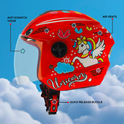 Steelbird SBA-6 Unicorn ISI Certified Open Face Graphic Helmet for Women and Kids (Matt Red with Clear Visor)