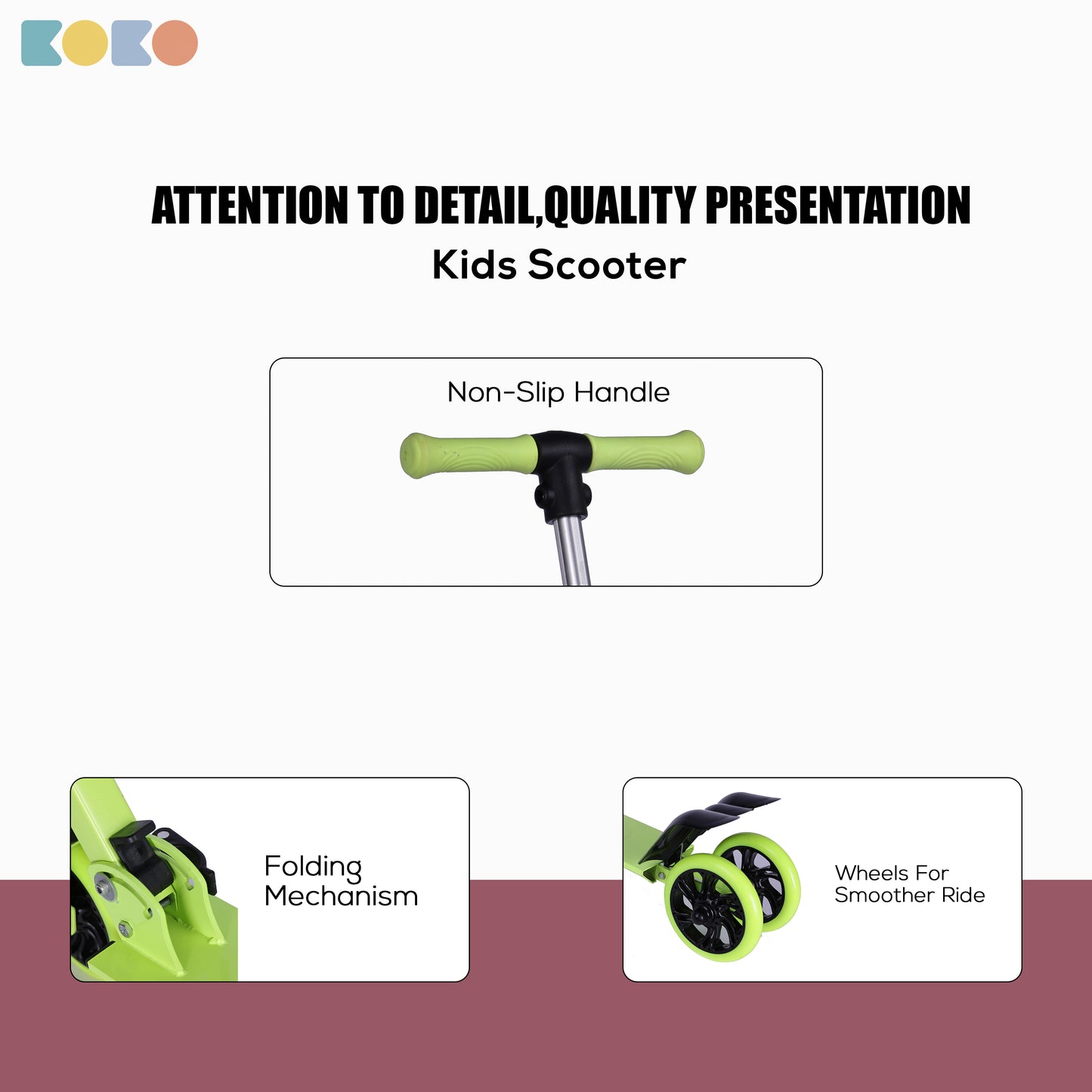 Refurbished Koko Rowdy Kick Skate Scooter with Adjustable Height and Portable, Kids Scooter with Led PVC Wheels for Age 3+ (Max User Weight: 50kg) (Green)