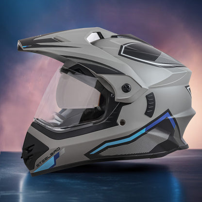 Steelbird Racer Off Road ISI Certified Motocross Double Visor Full Face Graphic Helmet Outer Clear Visor and Inner Silver Sun Shield (Glossy Grey Grey)