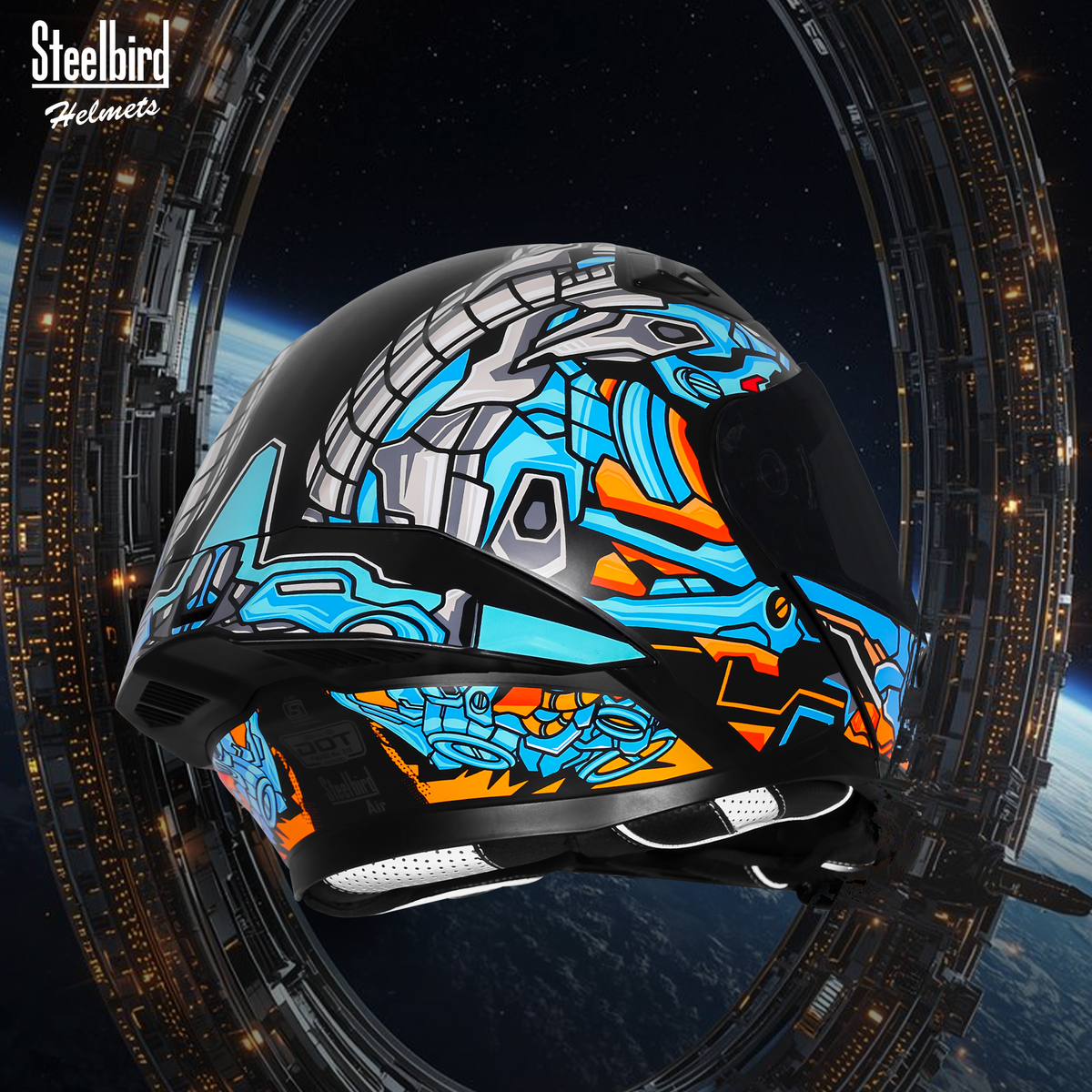 Steelbird SBA-20 ROBO ISI Certified Flip-Up Graphic Helmet for Men with Inner Sun Shield (Glossy Black Jazz Blue with Smoke Visor)