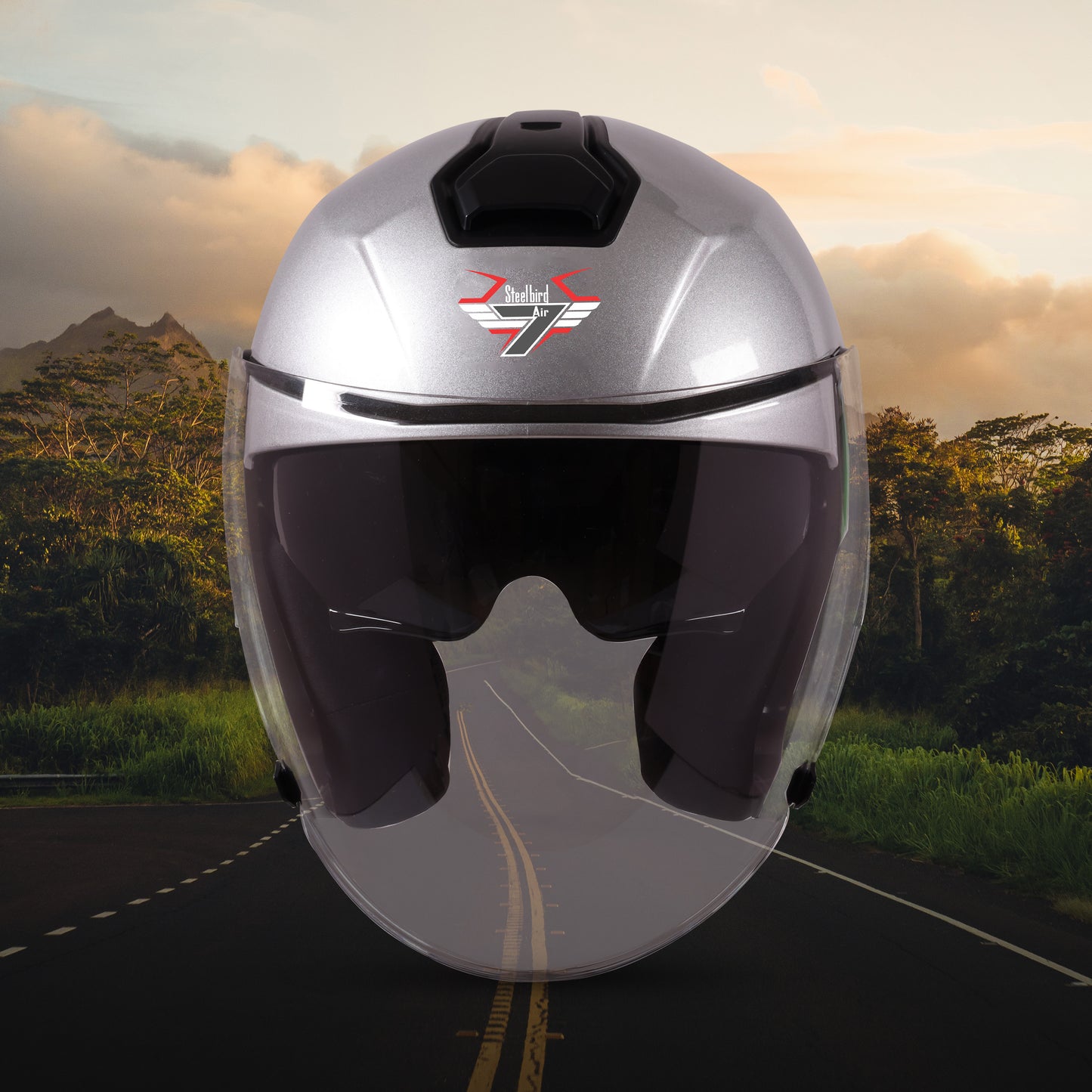 Steelbird SBA-10 7Wings ISI Certified Open Face Helmet for Men and Women with Inner Smoke Sun Shield (Glossy Silver)
