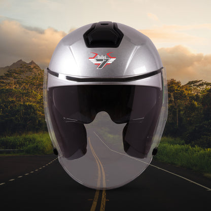 Steelbird SBA-10 7Wings ISI Certified Open Face Helmet for Men and Women with Inner Smoke Sun Shield (Glossy Silver)