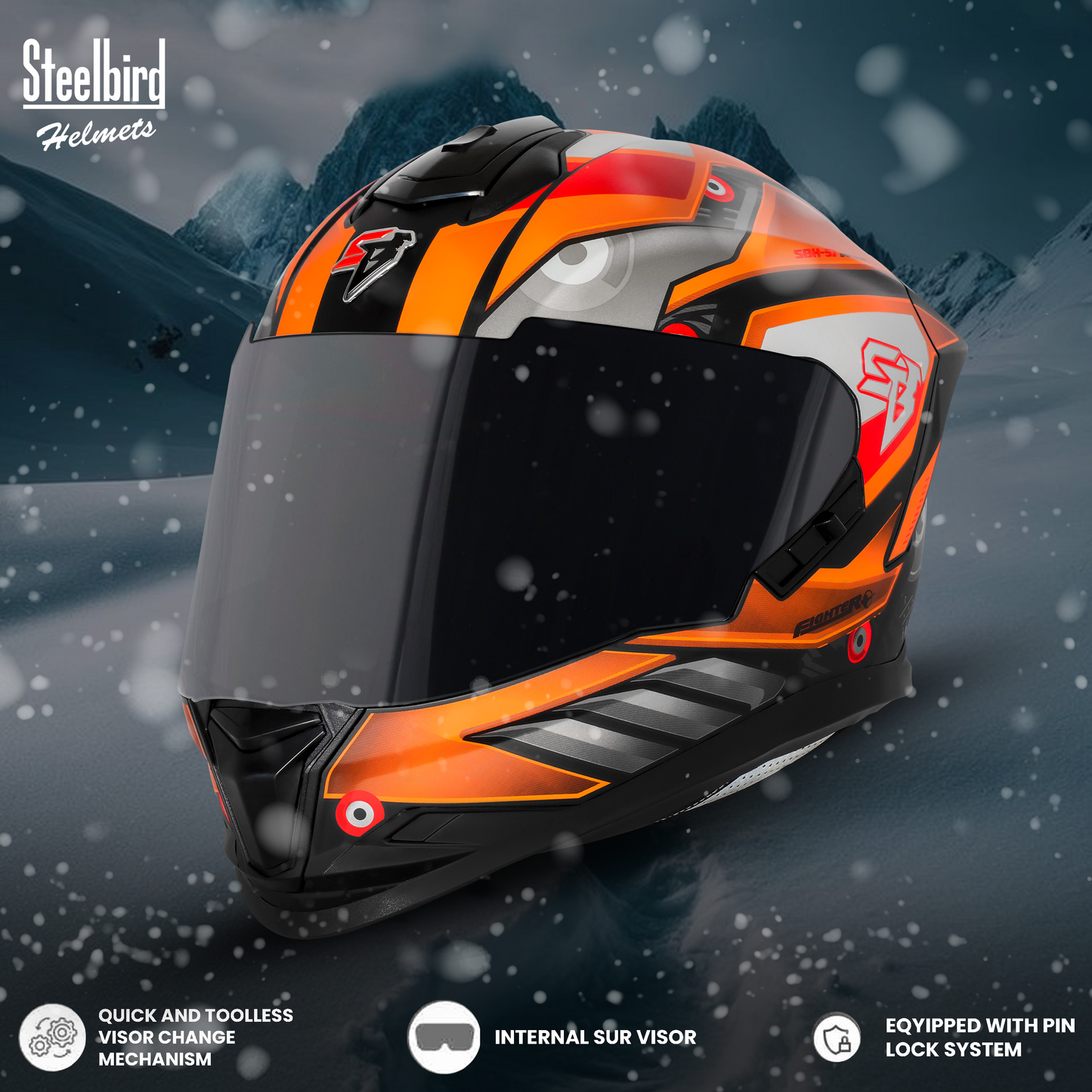Steelbird SBH-57 Fighter F8 ISI and DOT Certified Full Face Graphic Helmet for Men and Women with Inner Silver Sun Shield (Glossy Black Orange)