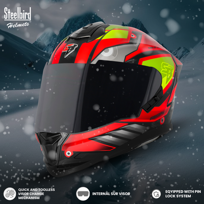 Steelbird SBH-57 Fighter F8 ISI and DOT Certified Full Face Graphic Helmet for Men and Women with Inner Silver Sun Shield (Glossy Black Red)
