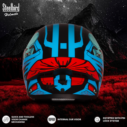 Steelbird SBA-20 Strange ISI Certified Flip-Up Graphic Helmet for Men and Women with Inner Silver Sun Shield (Glossy Black Cyan Green with Smoke Visor)