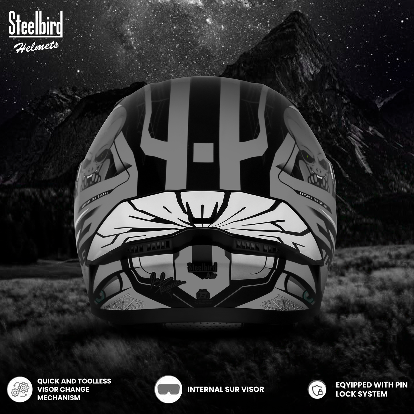 Steelbird SBA-20 Strange ISI Certified Flip-Up Graphic Helmet for Men and Women with Inner Silver Sun Shield (Glossy Black Grey with Smoke Visor)