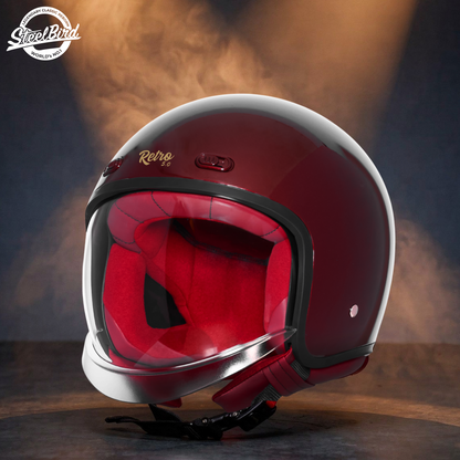 Steelbird SBH-67 Retro 5.0 ISI and DOT Certified Open Face Helmet for Men and Women (Glossy Rivera Red)