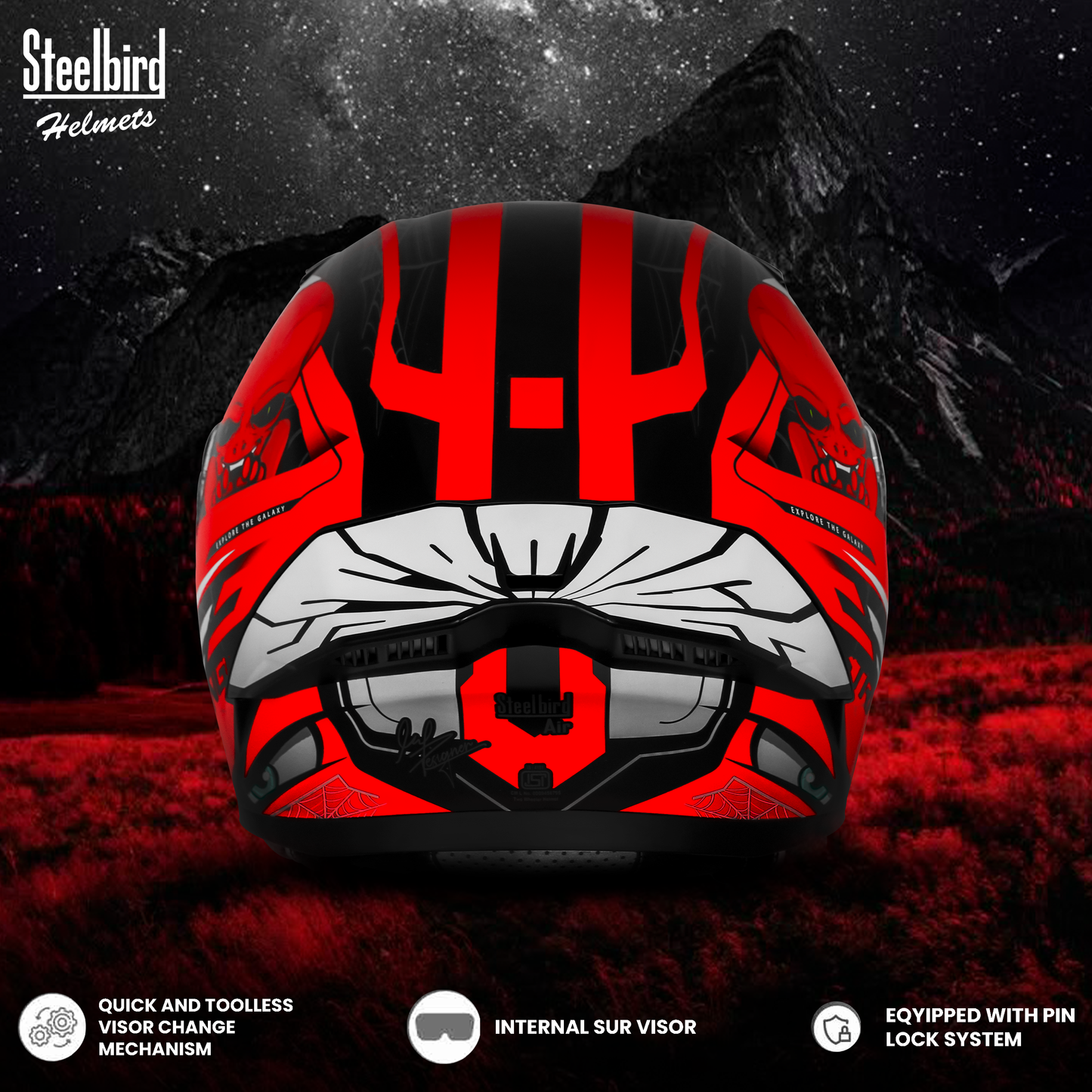 Steelbird SBA-20 Strange ISI Certified Flip-Up Graphic Helmet for Men and Women with Inner Silver Sun Shield (Glossy Black Red with Smoke Visor)