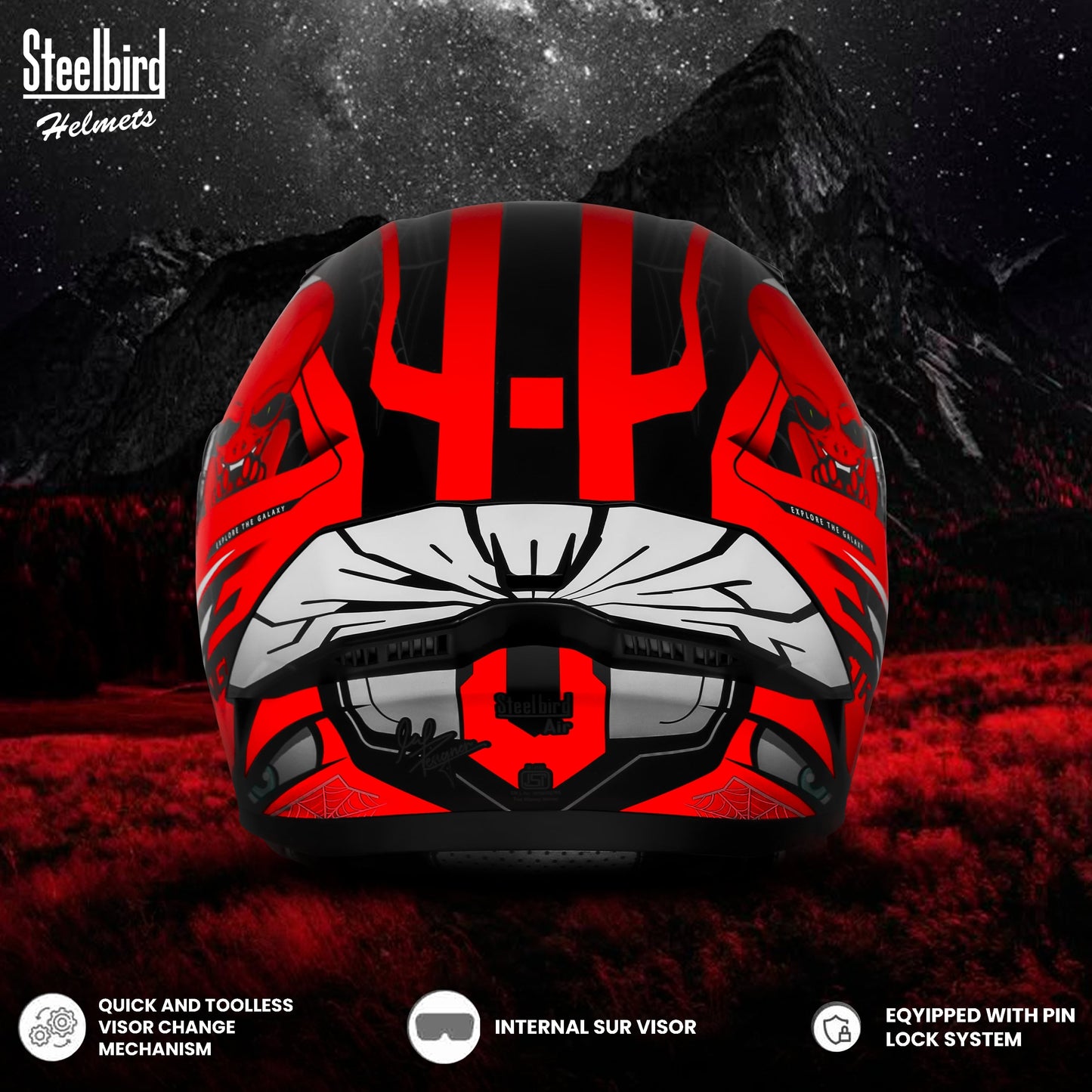 Steelbird SBA-20 Strange ISI Certified Flip-Up Graphic Helmet for Men and Women (Glossy Black Red with Smoke Visor)