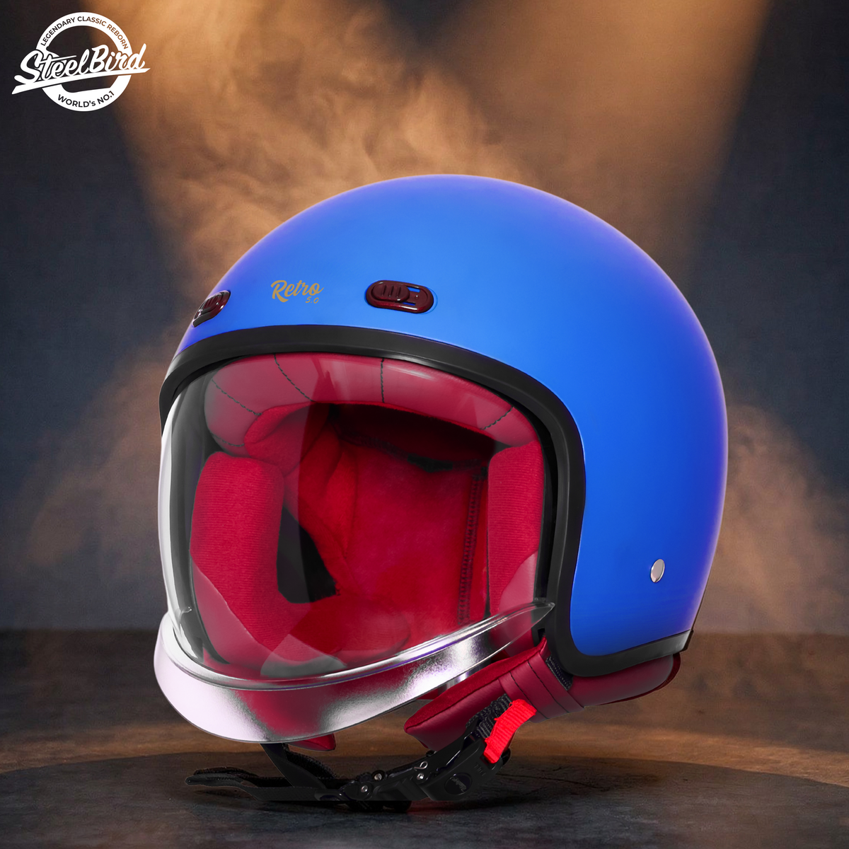 Steelbird SBH-67 Retro 5.0 ISI and DOT Certified Open Face Helmet for Men and Women (Glossy Yamaha Blue)