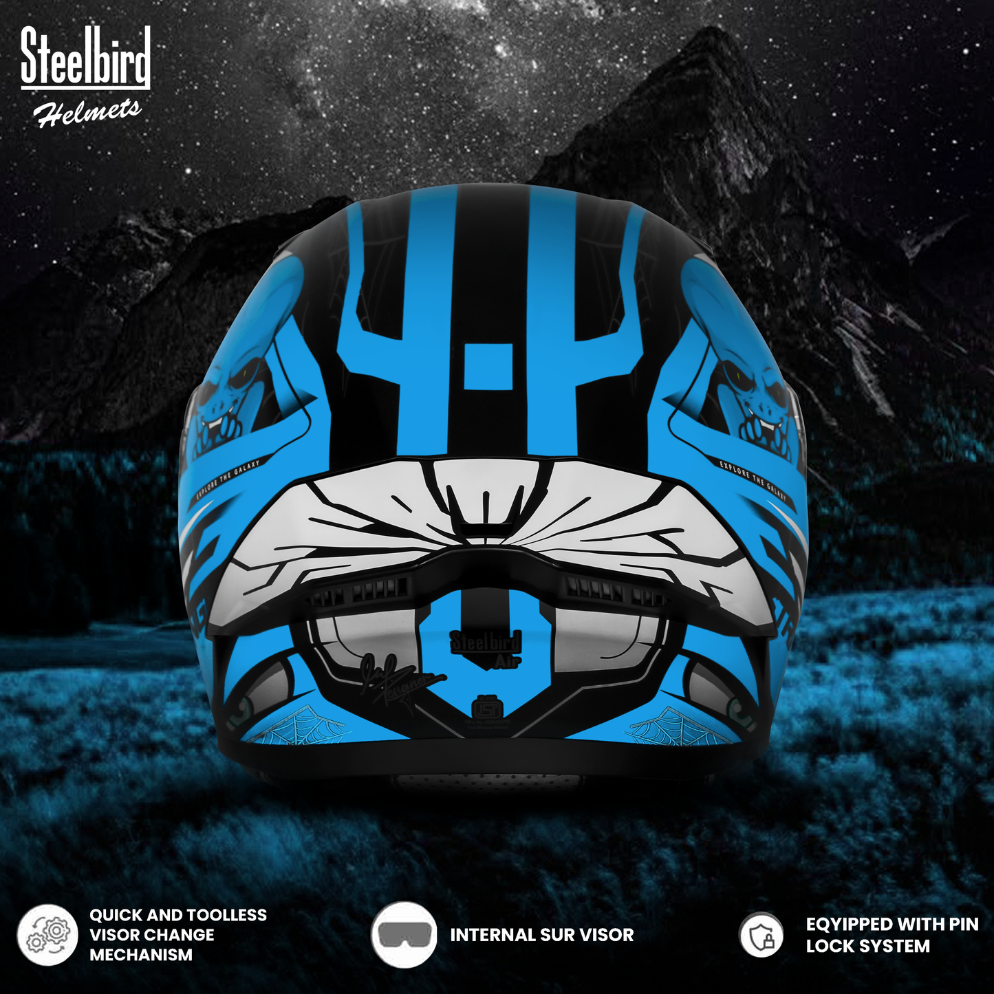 Steelbird SBA-20 Strange ISI Certified Flip-Up Graphic Helmet for Men and Women with Inner Silver Sun Shield (Glossy Black Jazz Blue with Smoke Visor)