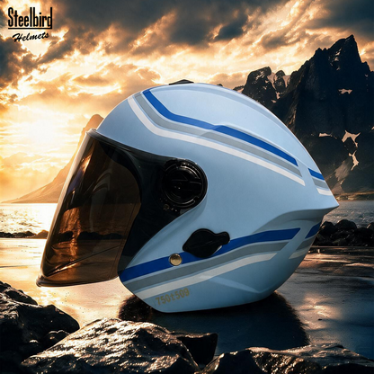 Steelbird SBH-80 Fairy FR6 ISI Certified Open Face Graphic Helmet for Women (Glossy Sea Blue Blue with Smoke Visor)