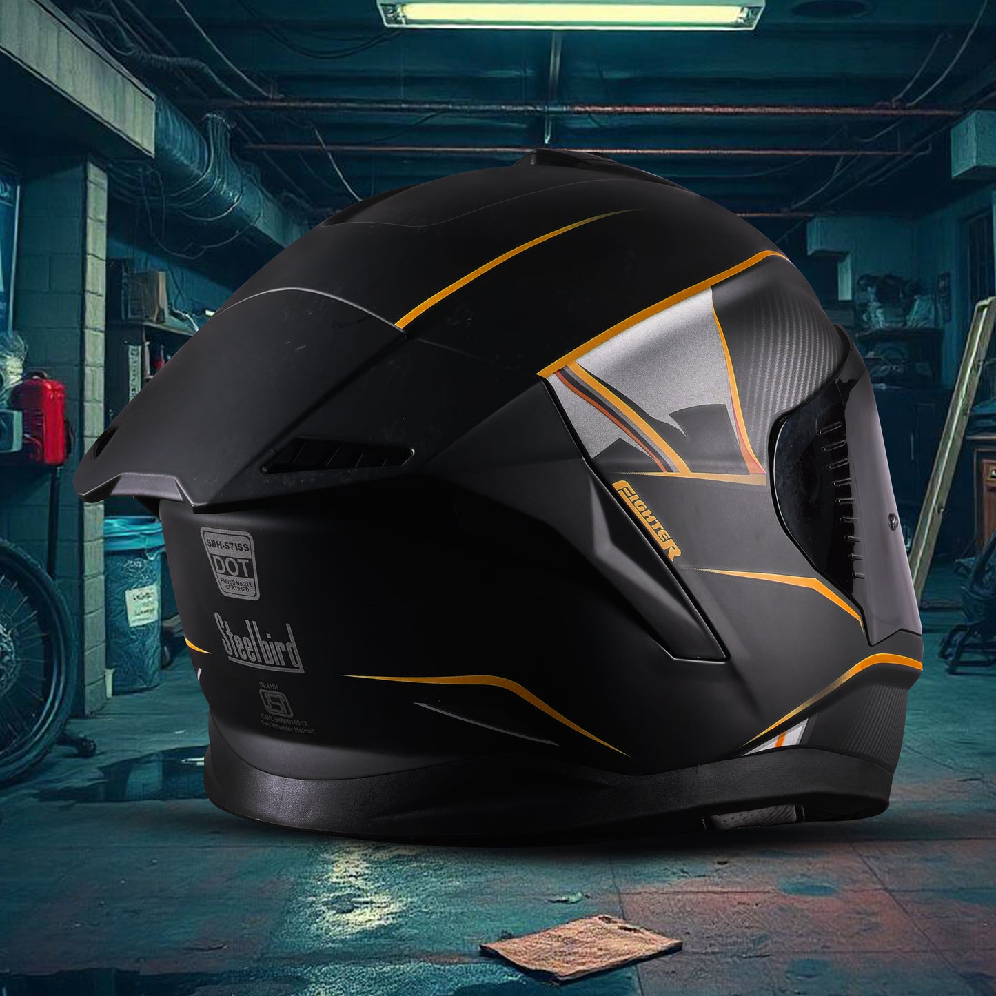 Steelbird SBH-57 Carbon Fighter ISI and DOT Certified Full Face Helmet for Men and Women (Glossy Black Orange)