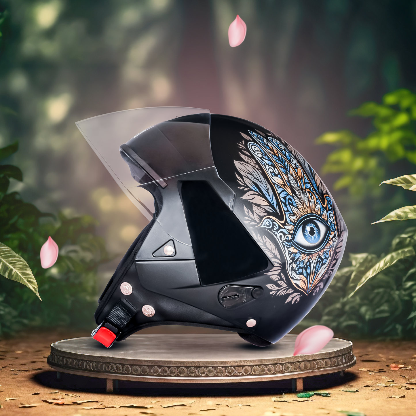 SBH-5 Hamsa Eye Graphic Helmet ISI Certified Open Face Helmet for Women (Glossy Black Golden)