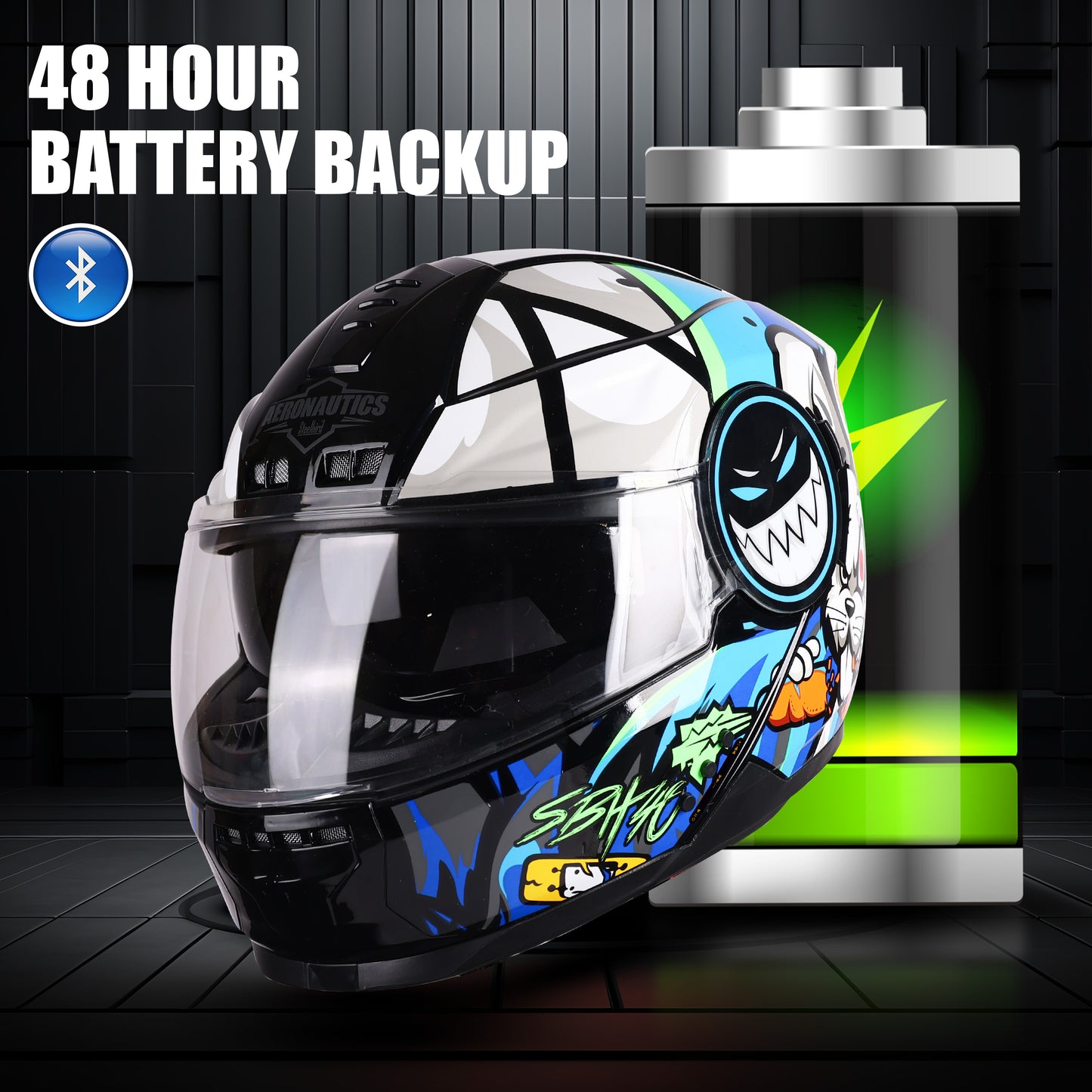 Steelbird Crazy Doe Bluetooth Full Face ISI Certified Graphic Helmet for Men with Inner Smoke Sun Shield | SBH-40 7Wings (Glossy Black Blue)