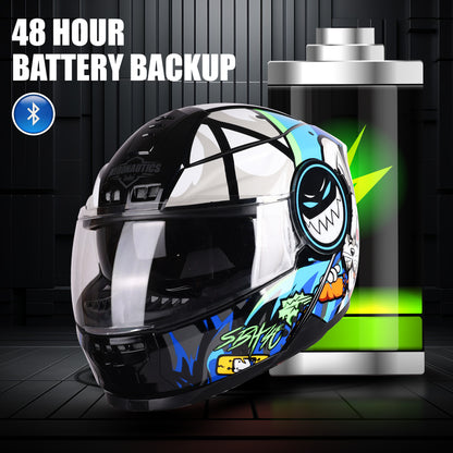 Steelbird Crazy Doe Bluetooth Full Face ISI Certified Graphic Helmet for Men with Inner Smoke Sun Shield | SBH-40 7Wings (Glossy Black Blue)