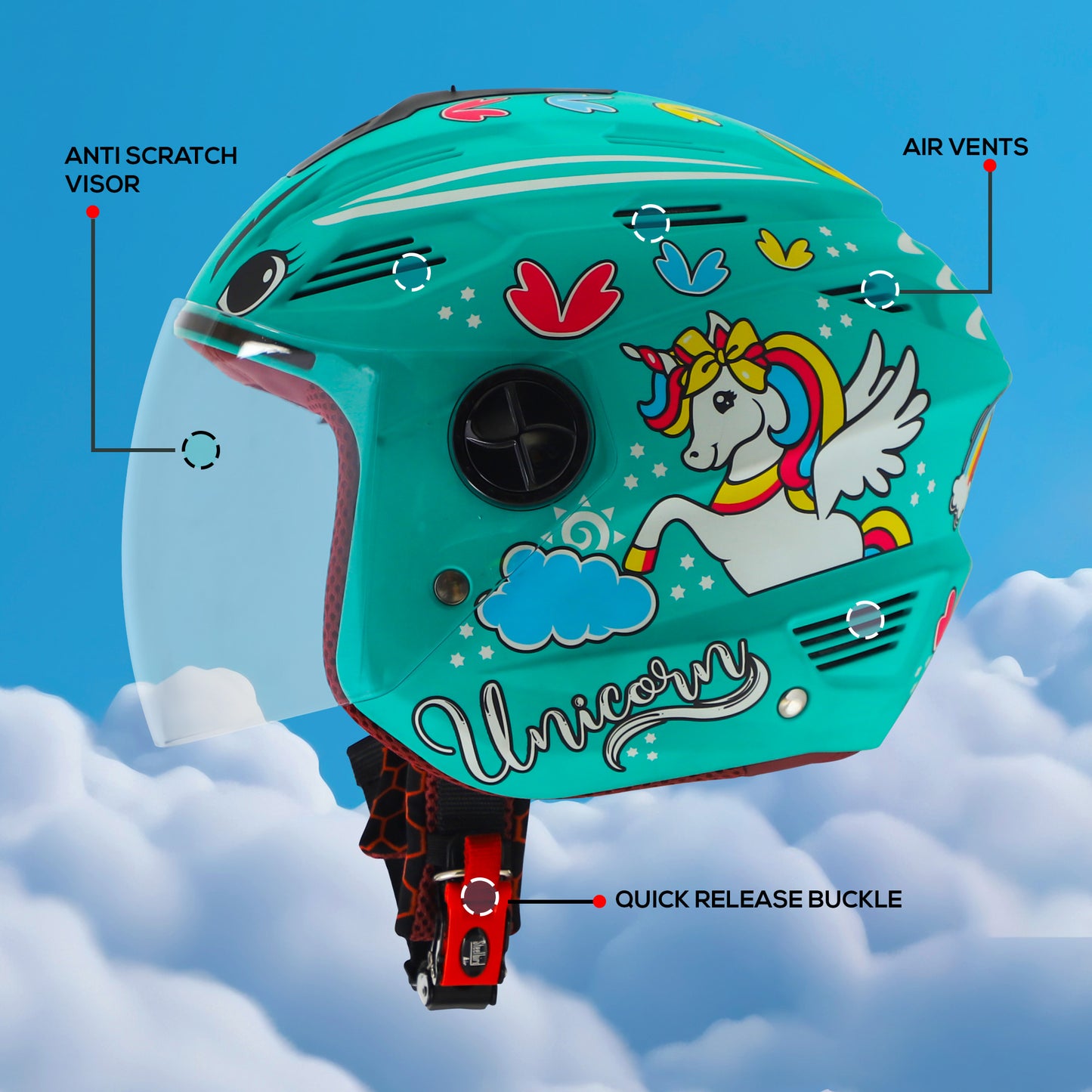 Steelbird SBA-6 Unicorn ISI Certified Open Face Graphic Helmet for Women and Kids (Matt Blue with Clear Visor)