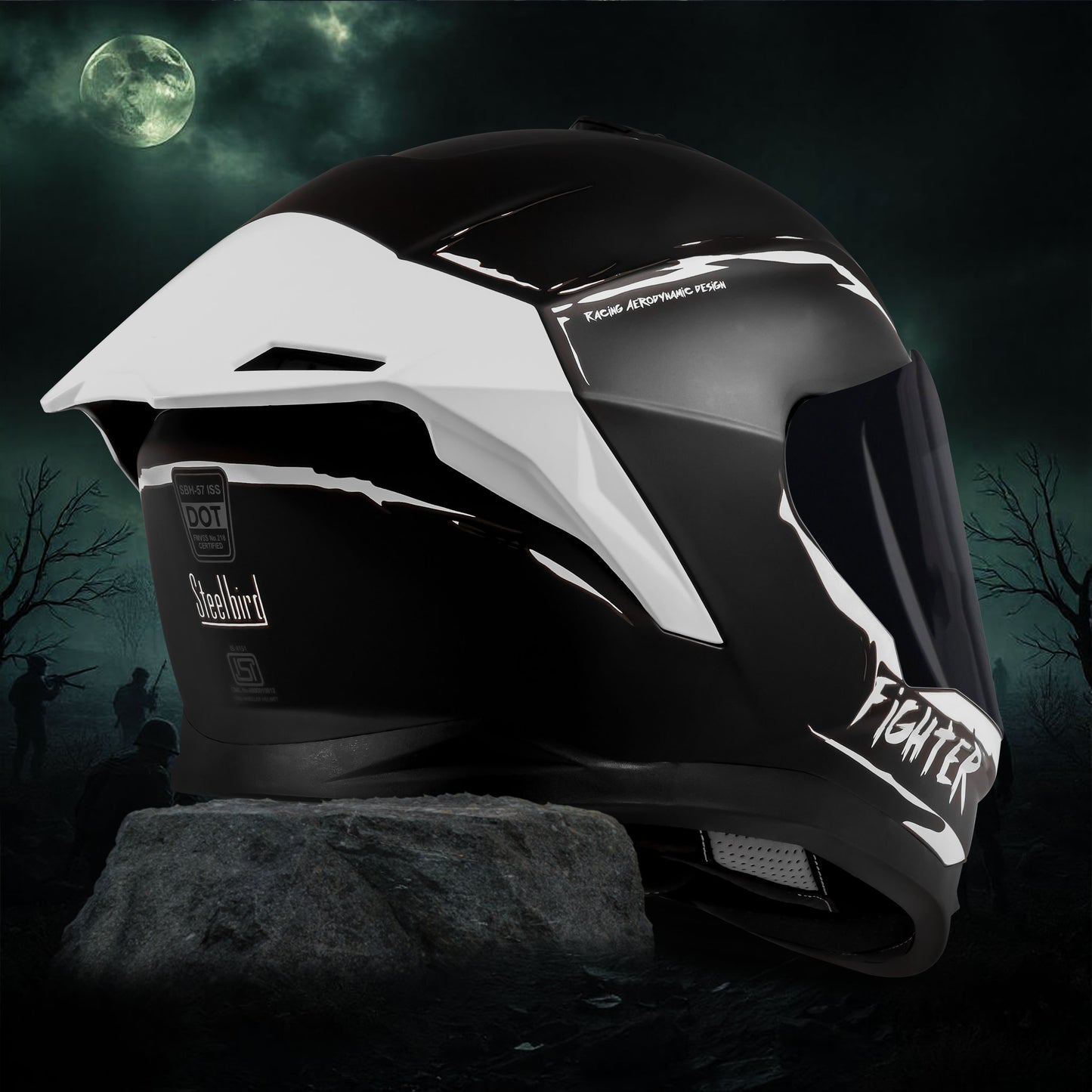 Steelbird SBH-57 Fighter F2 ISI and DOT Certified Full Face Helmet for Men and Women With Inner Silver Sun Shield (Glossy Black Silver).