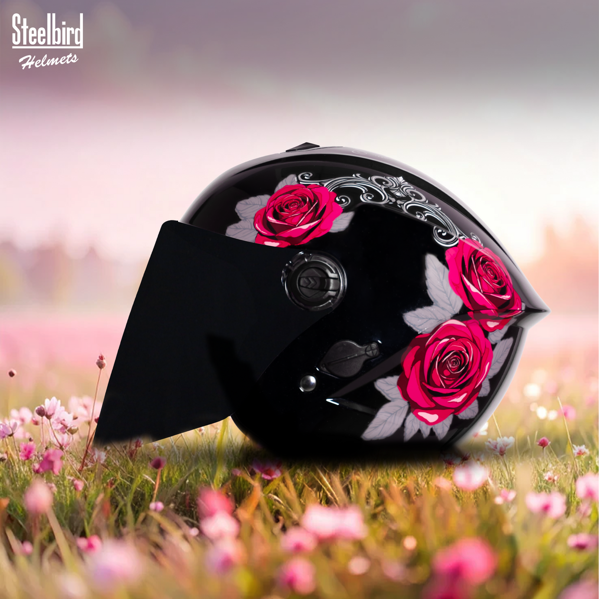 Steelbird SBH-80 Fairy FR1 ISI Certified Open Face Graphic Helmet for Women (Glossy Black Pink Rose with Smoke Visor)