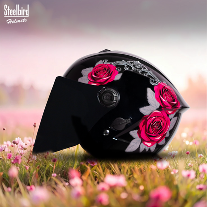 Steelbird SBH-80 Fairy FR1 ISI Certified Open Face Graphic Helmet for Women (Glossy Black Pink Rose with Smoke Visor)