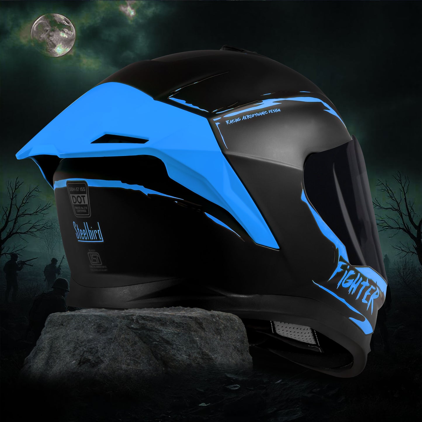 Steelbird SBH-57 Fighter F2 ISI and DOT Certified Full Face Helmet for Men and Women With Inner Silver Sun Shield (Glossy Black Blue)