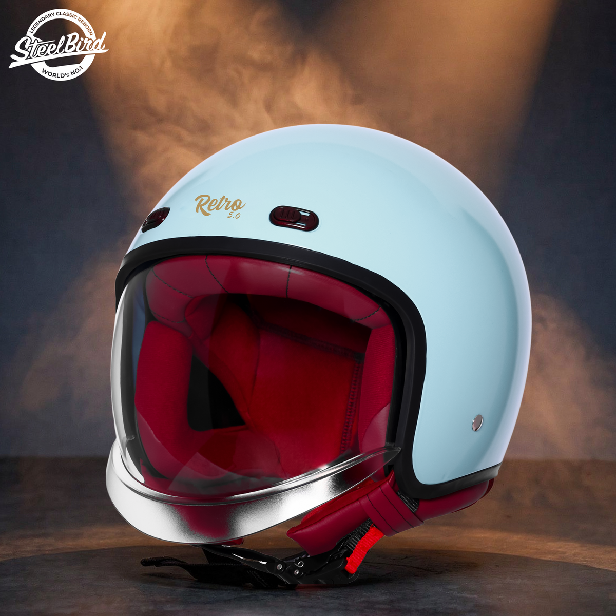 Steelbird SBH-67 Retro 5.0 ISI and DOT Certified Open Face Helmet for Men and Women (Glossy Sea Blue)