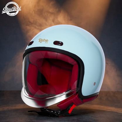 Steelbird SBH-67 Retro 5.0 ISI and DOT Certified Open Face Helmet for Men and Women (Glossy Sea Blue)