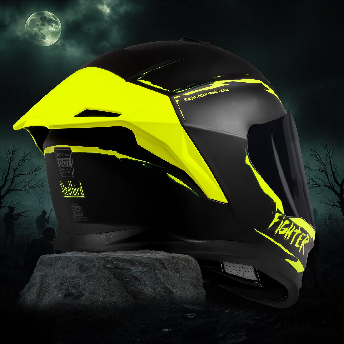 Steelbird SBH-57 Fighter F2 ISI and DOT Certified Full Face Helmet for Men and Women With Inner Silver Sun Shield (Glossy Black Neon) .