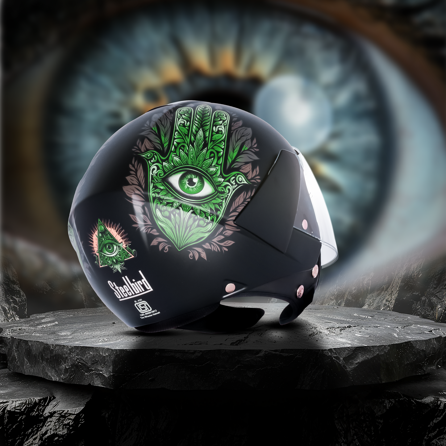SBH-5 Hamsa Eye Graphic Helmet ISI Certified Open Face Helmet for Women (Glossy Black Green)