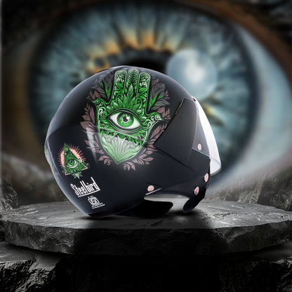 SBH-5 Hamsa Eye Graphic Helmet ISI Certified Open Face Helmet for Women (Glossy Black Green)