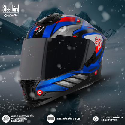 Steelbird SBH-57 Fighter F8 ISI and DOT Certified Full Face Graphic Helmet for Men and Women with Inner Silver Sun Shield (Glossy Black Blue)