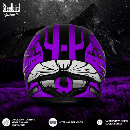 Steelbird SBA-20 Strange ISI Certified Flip-Up Graphic Helmet for Men and Women with Inner Silver Sun Shield (Glossy Black Purple with Smoke Visor)